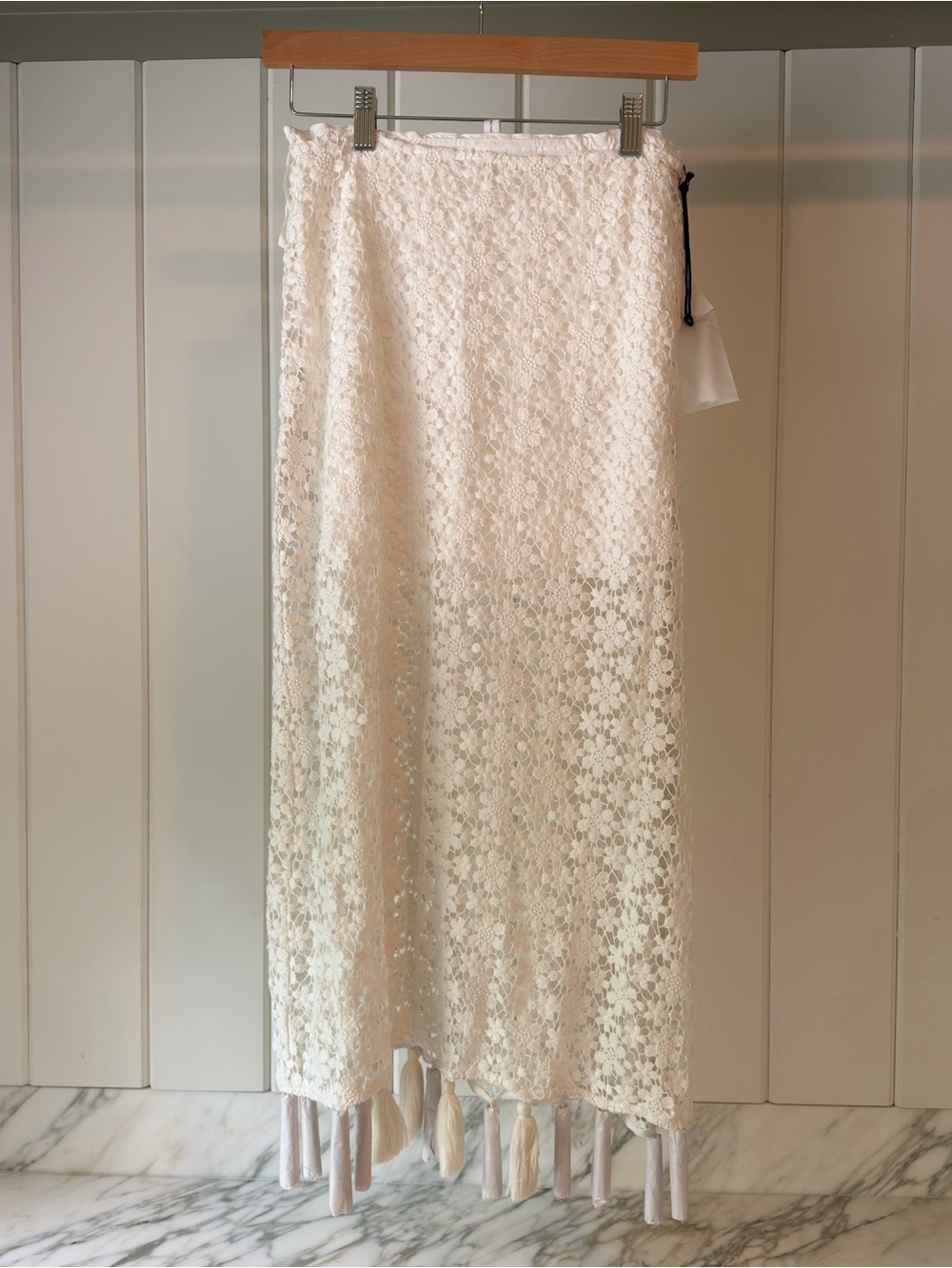 Apiece Apart Ivory Crochet Maxi Skirt with Tassel Trim